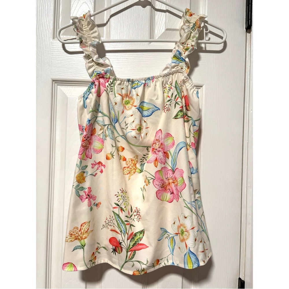 Floral Cream Women's Top shirt blouse tank ruffle spaghetti thick strap summer